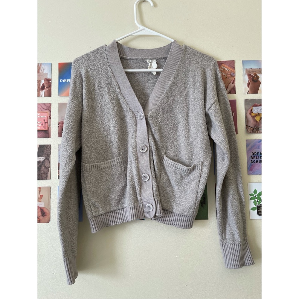 purple/gray button up sweater
